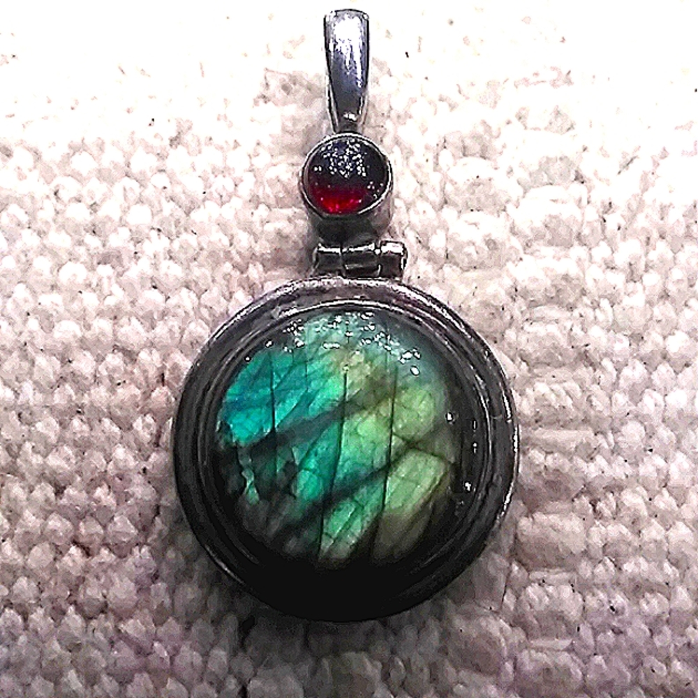 Labradorite, Garnet, and Silver  Pendant